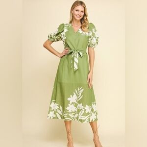 Green Floral Puff Sleeve Dress